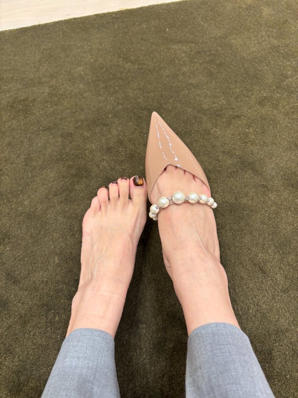 Jimmy Choo Nude Patent Leather Pearl-Embellished Pointed Toe Heels - Picture 2 of 8